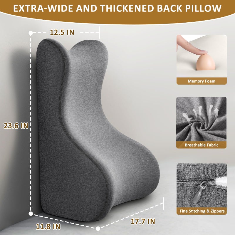 JIPORIER Reading Pillow for Bed,Ergonomic Wedge Pillow Headboard,Memory Foam Back Support Pillow for Bed Sitting Up Adult Sleeping,Wedge Headboard Pillow for Sleep Apne on Bedrest Couch Floor,Grey - Image 5
