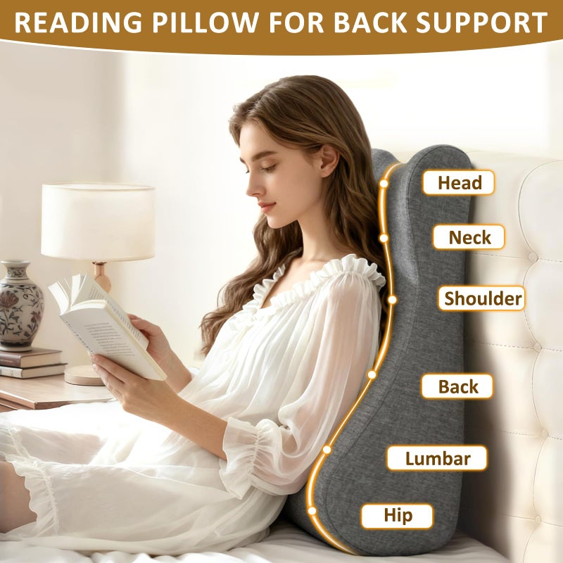 JIPORIER Reading Pillow for Bed,Ergonomic Wedge Pillow Headboard,Memory Foam Back Support Pillow for Bed Sitting Up Adult Sleeping,Wedge Headboard Pillow for Sleep Apne on Bedrest Couch Floor,Grey - Image 2