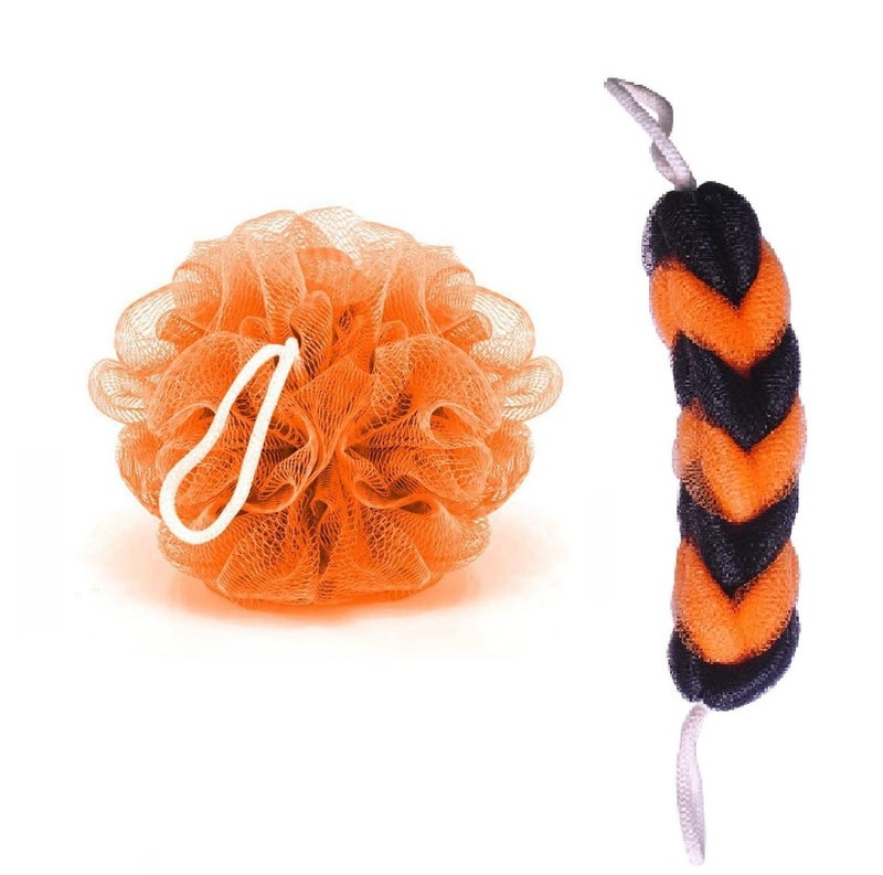 KRIWIN® Combo of 1 Orange Bath Loofah and 1 Orange & Black Sponge Scrub for Back - Image 1