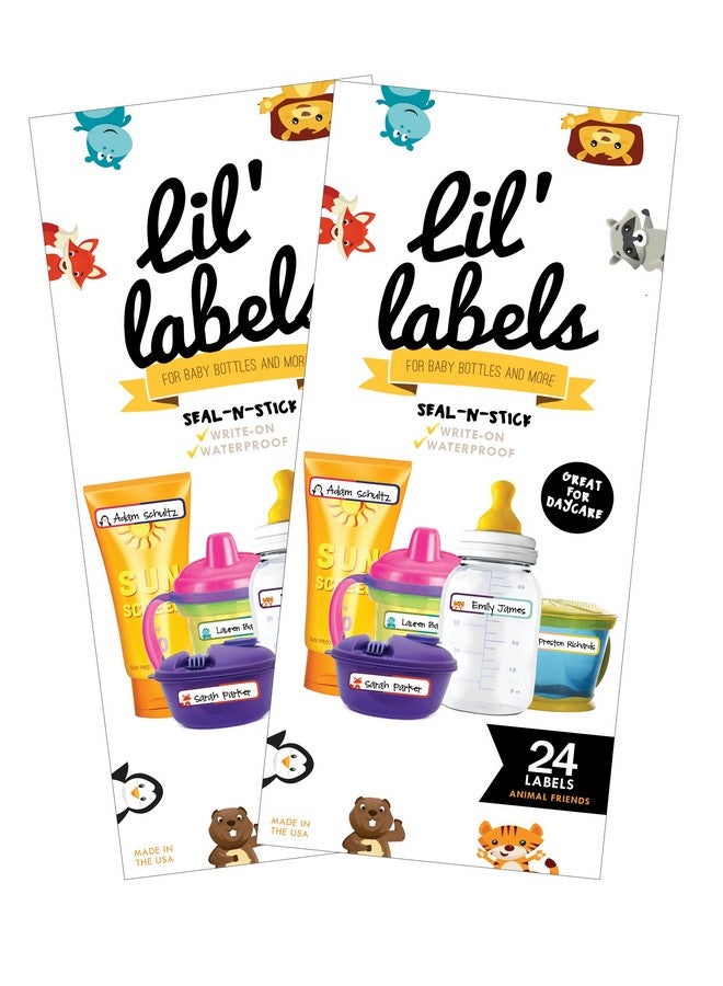 Lil' Labels Bottle Labels Write On Name Self Laminating Waterproof Baby Bottle Label For Daycare Made In The Usa (Animal Friends Set Of 2) - Image 1