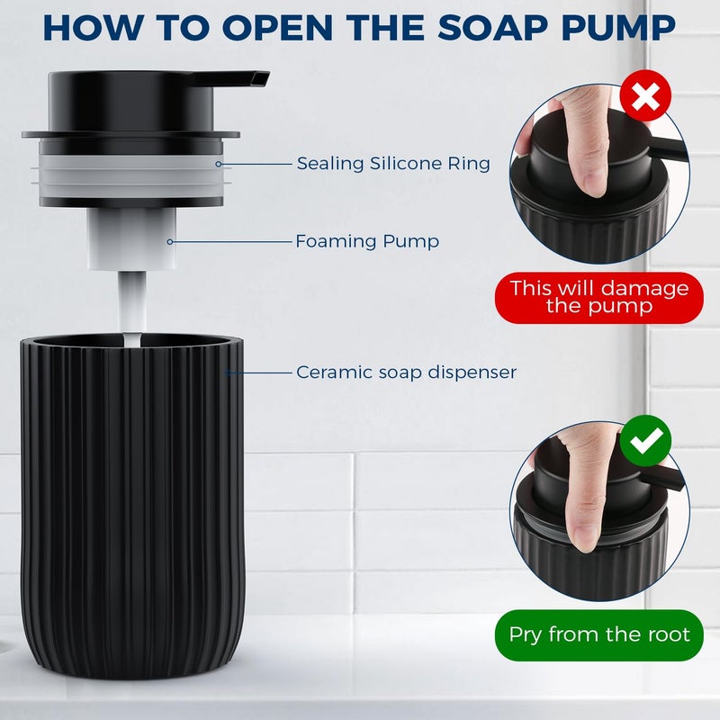 Pososto Ceramic Foaming Hand Soap Dispenser 2Pack 12 Oz Bathroom Soap Dispenser  Lotion Dispenser For Kitchen  Refillable Matte Streaks Soap Dispenser With Large Pump (Black-2Pack) - Image 4