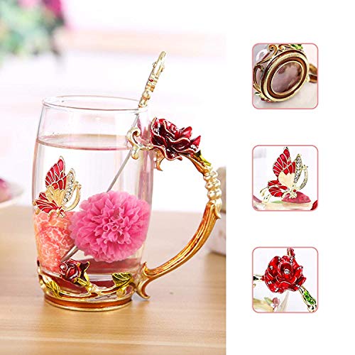 DasyFly Birthday Gifts For Women,Enamel Butterfly Flower Glass Tea Cup Rose Red Coffee Mug,Cute Gifts For Mom Grandma Women Wife Female Friend on Mothers day Anniversary Christmas Valentines - Image 3