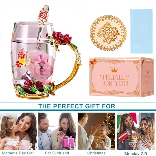 DasyFly Birthday Gifts For Women,Enamel Butterfly Flower Glass Tea Cup Rose Red Coffee Mug,Cute Gifts For Mom Grandma Women Wife Female Friend on Mothers day Anniversary Christmas Valentines - Image 5