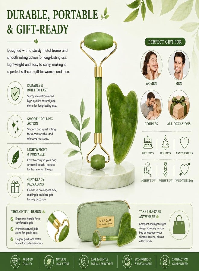 ANTIL'S Jade Roller and Gua Sha Stone Set – Face Massage Roller for Skin Tightening, Puffiness Reduction & Wrinkle Care | Improves Elasticity | Beauty Tool for Women & Men - Image 2