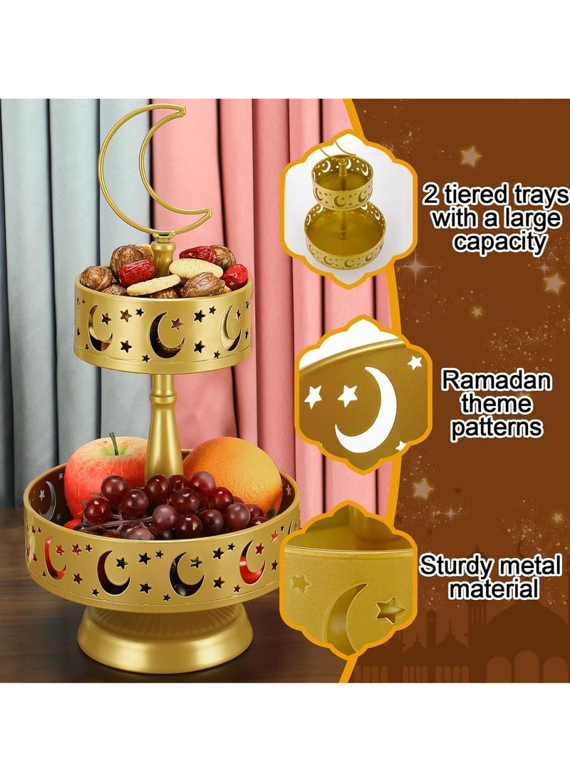 جورونب - صواني تقديم رمضان - أطباق معدنية مكونة من طبقتين، عيد مبارك، قمر ونجمة، إسلام، مسلم، عيد الفطر، حفلة إفطار، صينية تقديم الطعام، ديكور رمضان للمنزل، ديكور طاولة الإفطار والعشاء (ذهبي) - Image 1