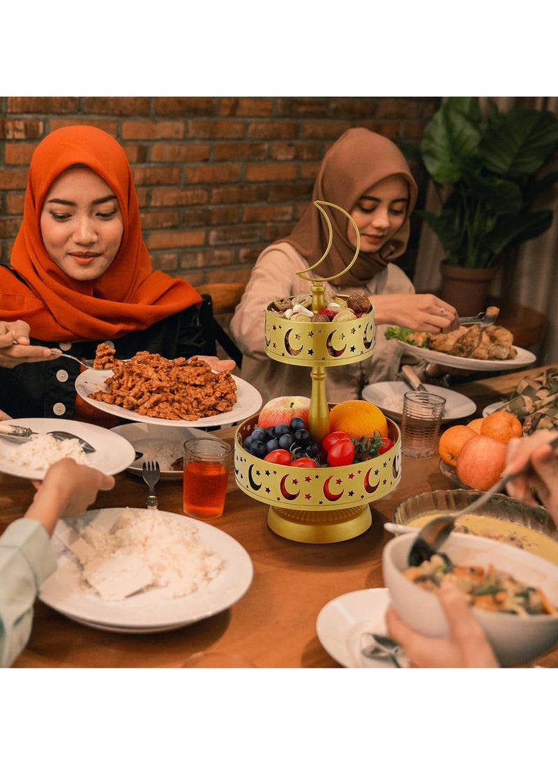 جورونب - صواني تقديم رمضان - أطباق معدنية مكونة من طبقتين، عيد مبارك، قمر ونجمة، إسلام، مسلم، عيد الفطر، حفلة إفطار، صينية تقديم الطعام، ديكور رمضان للمنزل، ديكور طاولة الإفطار والعشاء (ذهبي) - Image 1