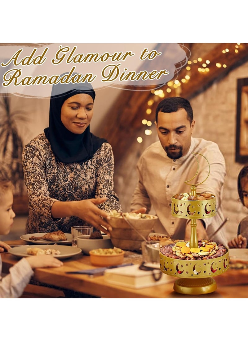 جورونب - صواني تقديم رمضان - أطباق معدنية مكونة من طبقتين، عيد مبارك، قمر ونجمة، إسلام، مسلم، عيد الفطر، حفلة إفطار، صينية تقديم الطعام، ديكور رمضان للمنزل، ديكور طاولة الإفطار والعشاء (ذهبي) - Image 1