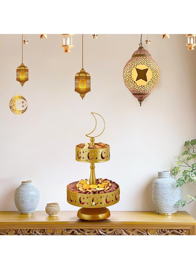 جورونب - صواني تقديم رمضان - أطباق معدنية مكونة من طبقتين، عيد مبارك، قمر ونجمة، إسلام، مسلم، عيد الفطر، حفلة إفطار، صينية تقديم الطعام، ديكور رمضان للمنزل، ديكور طاولة الإفطار والعشاء (ذهبي) - Image 1