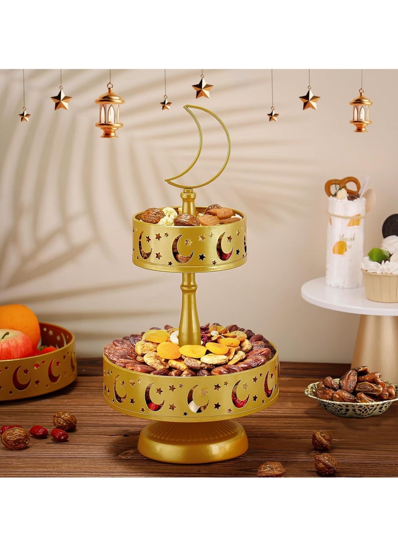 جورونب - صواني تقديم رمضان - أطباق معدنية مكونة من طبقتين، عيد مبارك، قمر ونجمة، إسلام، مسلم، عيد الفطر، حفلة إفطار، صينية تقديم الطعام، ديكور رمضان للمنزل، ديكور طاولة الإفطار والعشاء (ذهبي) - Image 1