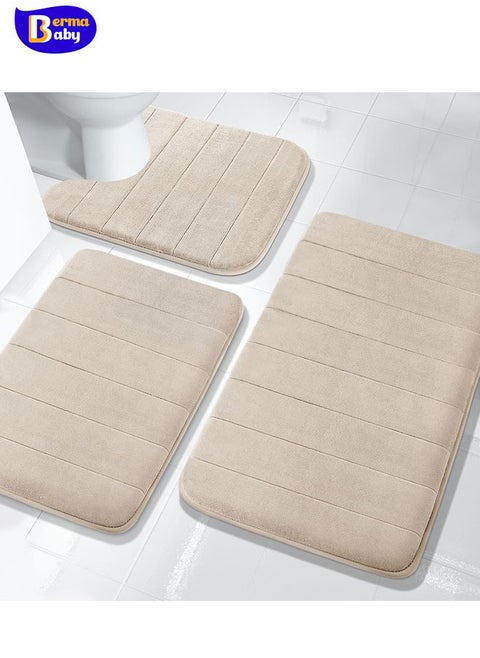 3 Pieces Memory Foam Bath Mat Sets, 31.5 x 19.8 + 17x24 and U-Shaped for Bathroom Rugs, Toilet Mats, Non-Slip, Soft Comfortable, Water Absorption, Machine Washable, Beige