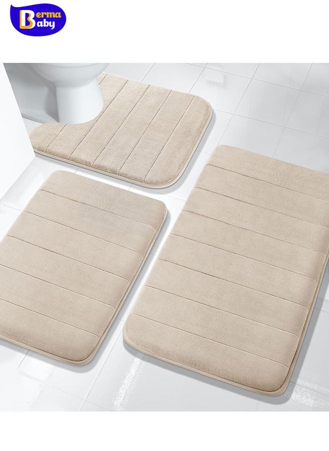 3 Pieces Memory Foam Bath Mat Sets, 31.5 x 19.8 + 17x24 and U-Shaped for Bathroom Rugs, Toilet Mats, Non-Slip, Soft Comfortable, Water Absorption, Machine Washable, Beige