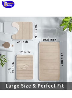 Berma Baby 3 Pieces Memory Foam Bath Mat Sets, 31.5 x 19.8 + 17x24 and U-Shaped for Bathroom Rugs, Toilet Mats, Non-Slip, Soft Comfortable, Water Absorption, Machine Washable, Beige  - Image 2