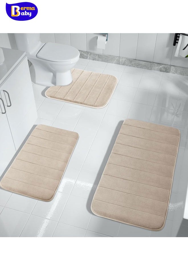 3 Pieces Memory Foam Bath Mat Sets, 31.5 x 19.8 + 17x24 and U-Shaped for Bathroom Rugs, Toilet Mats, Non-Slip, Soft Comfortable, Water Absorption, Machine Washable, Beige