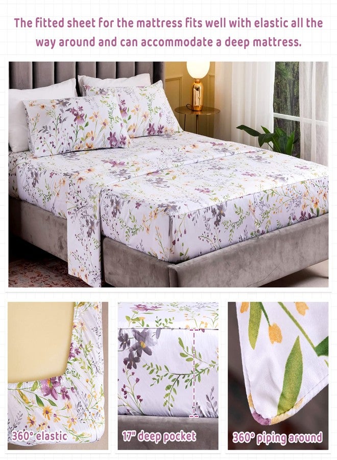 QSH 100% Egyptian Cotton Sheets Twin Size, Yellow Flower Plant Pattern Botanical Luxury Cotton Printed Bedding Flower Twin Bed Sheets for Girls Kids Extra Soft 4pcs Deep Pocket Floral Bed Sheets - Image 3