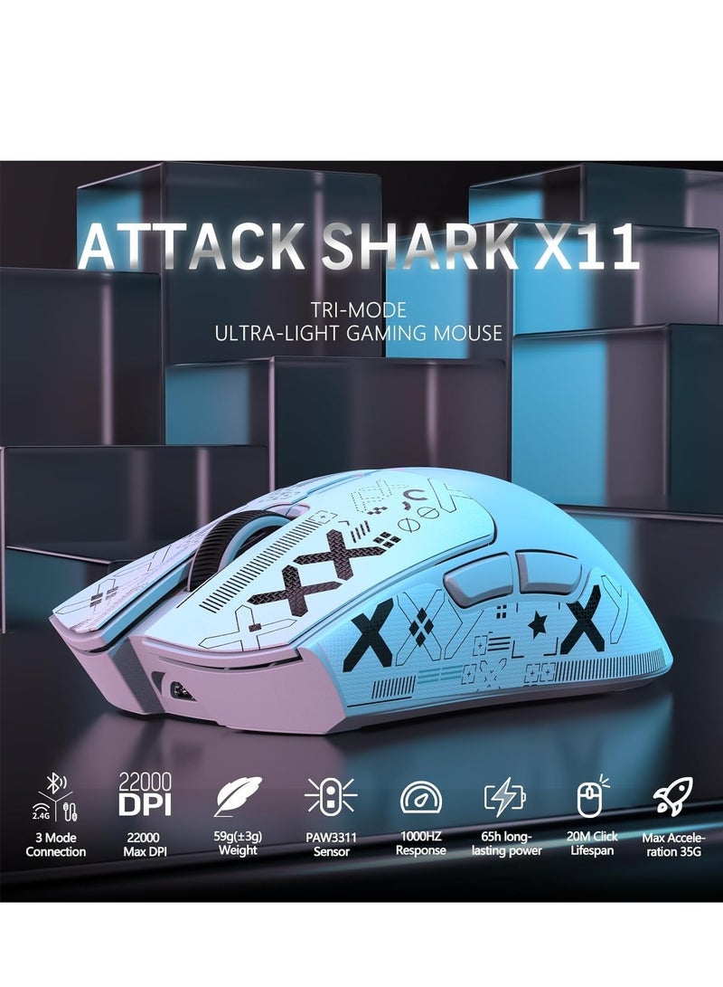 هجوم القرش ماوس ألعاب لاسلكي خفيف الوزن X11 مع قاعدة شحن RGB، ثلاثي الأوضاع: 2.4 جيجاهرتز/USB-C سلكي/بلوتوث، دقة تصل إلى 22 ألف نقطة في البوصة، مستشعر بصري PAW3311، مفتاح HUYU، 5 أزرار قابلة للبرمجة لأجهزة الكمبيوتر الشخصية/أجهزة ماك - Image 3