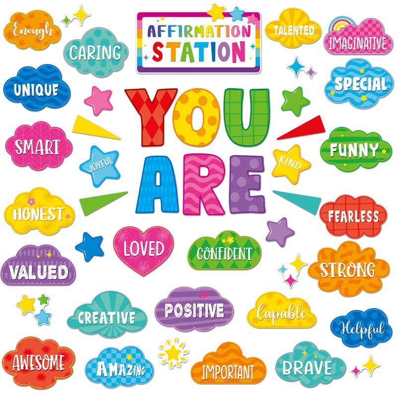 Weekgrat 45pcs Bright Affirmation Station Bulletin Board Set Motivational Posters Classroom Mirror Growth Mindset Decor Positive Affirmations Accents Cutouts for School Office Home Teacher Wall Supply - Image 1