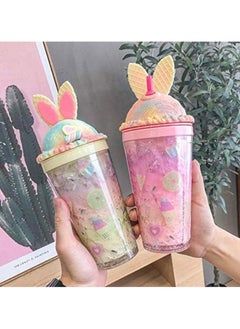 Acrylic Mug With Straw Cute Design 450 ML - Multi Color