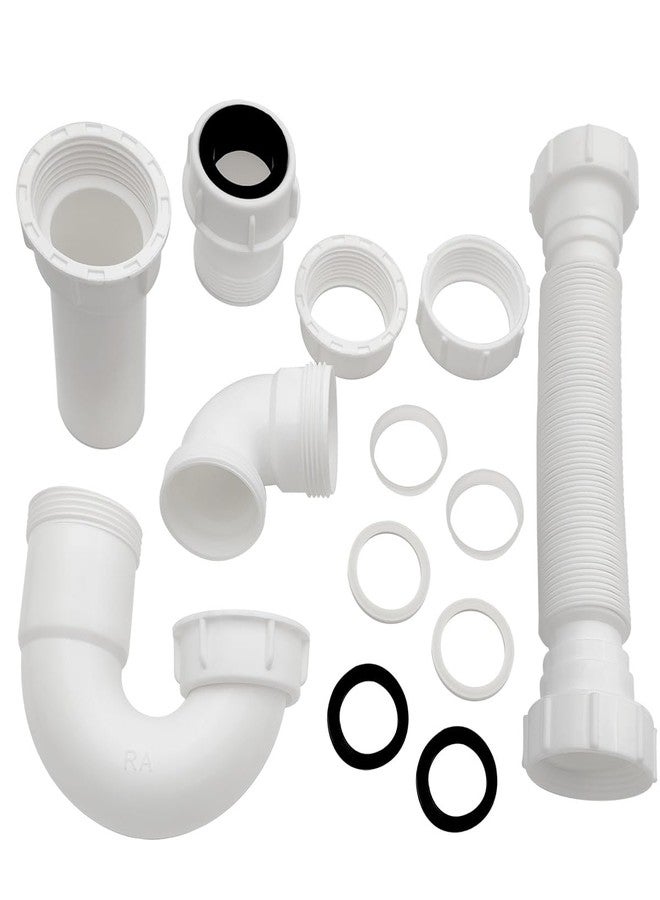 TGEOND White 1 1/4" and 1-1/2" P-Trap with Threaded Adapter, and Reversible J-Bend for Bathroom Kitchen Sink Drain Pipe Tubular Kit, Flexible Extension Tube Drain Tailpiece - Image 1