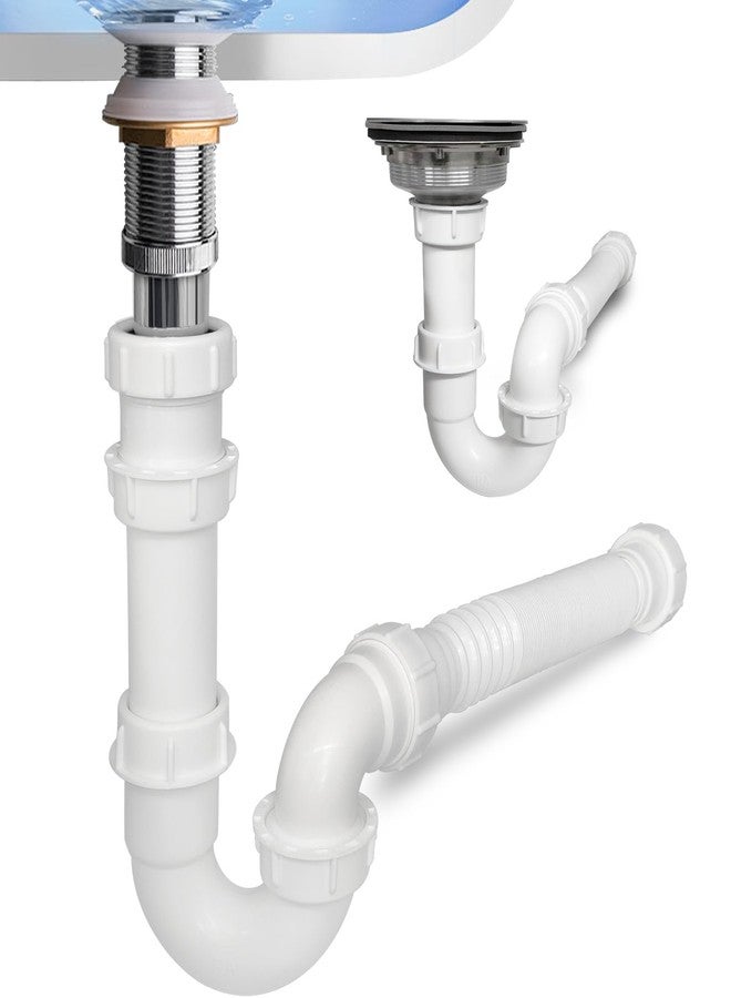 TGEOND White 1 1/4" and 1-1/2" P-Trap with Threaded Adapter, and Reversible J-Bend for Bathroom Kitchen Sink Drain Pipe Tubular Kit, Flexible Extension Tube Drain Tailpiece - Image 2