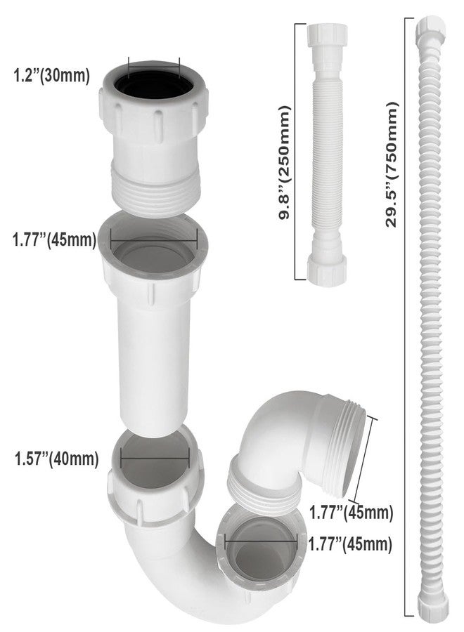TGEOND White 1 1/4" and 1-1/2" P-Trap with Threaded Adapter, and Reversible J-Bend for Bathroom Kitchen Sink Drain Pipe Tubular Kit, Flexible Extension Tube Drain Tailpiece - Image 4