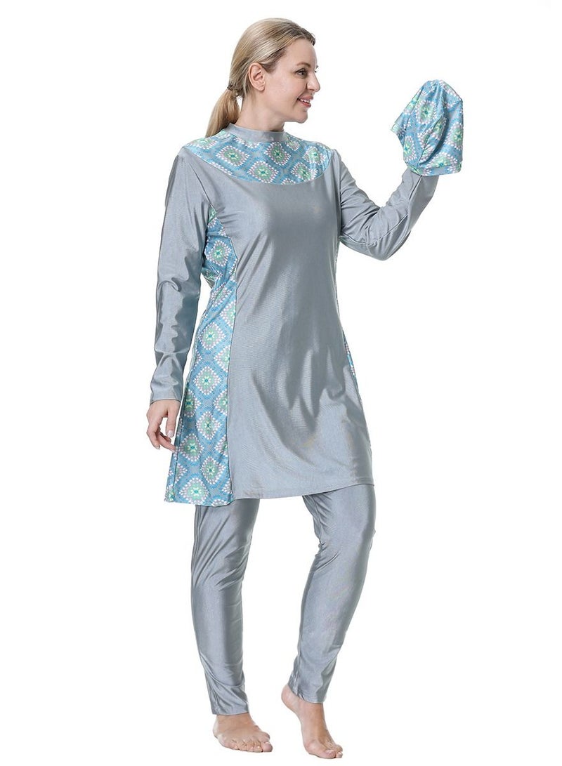 إسكدنيا Large Size Loose Printed Swimwear Set Womens Long Sleeve Burkini Swimsuit Set Grey