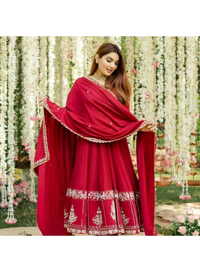 Super Asian Designer Roman Silk Anarkali Set with Heavy Embroidery & Sequence Work – Elegant Festive Wear (3-Piece Set) - Image 1