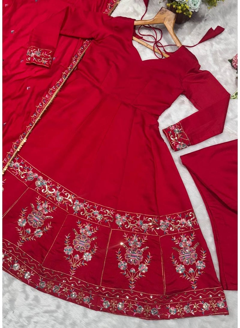 Super Asian Designer Roman Silk Anarkali Set with Heavy Embroidery & Sequence Work – Elegant Festive Wear (3-Piece Set) - Image 4