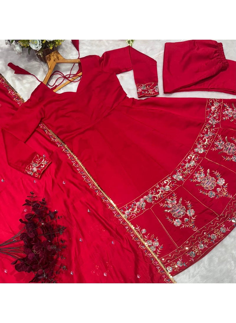 Super Asian Designer Roman Silk Anarkali Set with Heavy Embroidery & Sequence Work – Elegant Festive Wear (3-Piece Set) - Image 3
