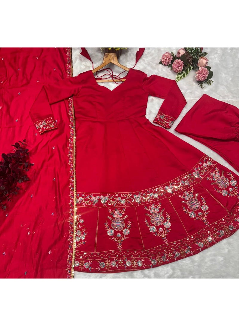 Super Asian Designer Roman Silk Anarkali Set with Heavy Embroidery & Sequence Work – Elegant Festive Wear (3-Piece Set) - Image 2