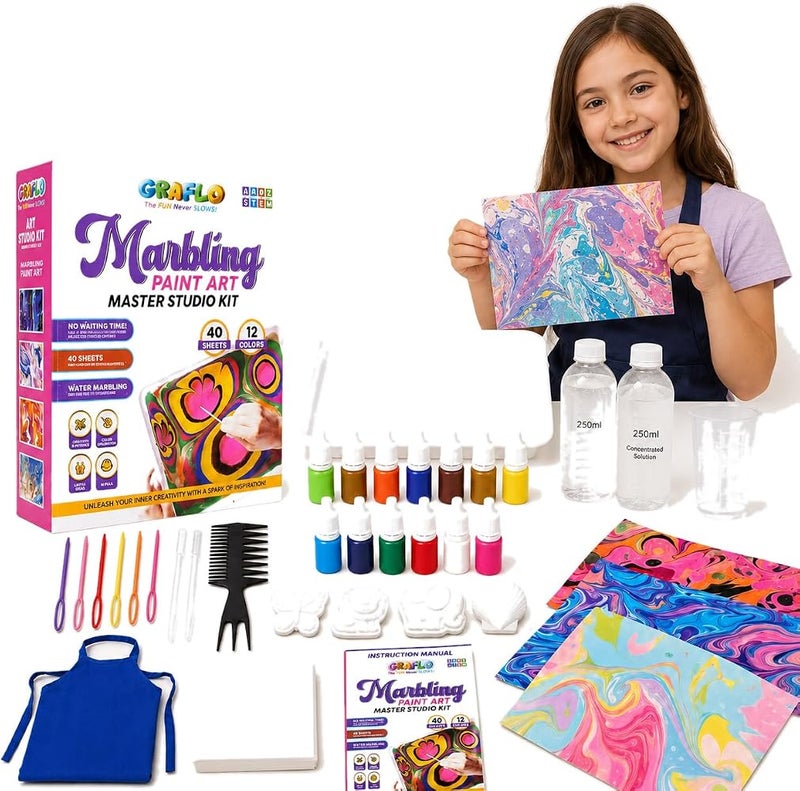 GRAFLO Marbling Paint Art & Crafts Kit - Water Marble Painting Set, Craft Kits for Girls & Boys, 12 Vibrant Colors & 40 Sketch Papers, STEM Engaging Activities, Water Marbling - For Kids Ages 6-12 - Image 1