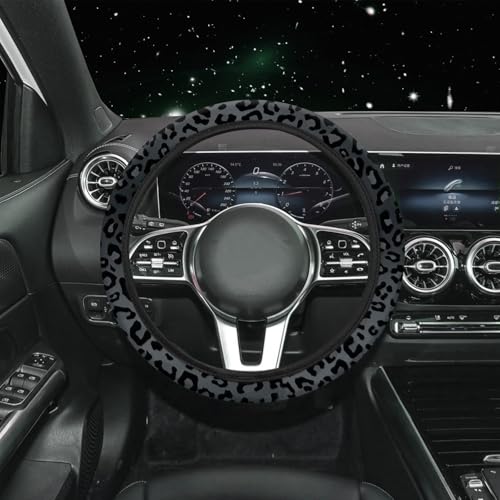 JINGSEN 15 Pieces Leopard Print Printing Car Steering Wheel Cover Center Console Armrest Pad Headrest Seat Belt Cover Handbrake Cover Keychain Coaster Full Set Car SUV （Black Leopard Print） - Image 3