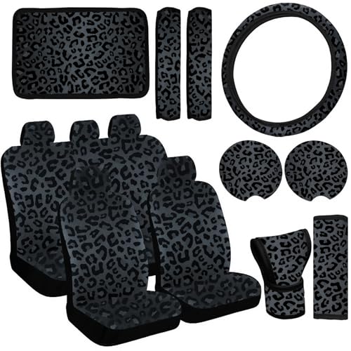 JINGSEN 15 Pieces Leopard Print Printing Car Steering Wheel Cover Center Console Armrest Pad Headrest Seat Belt Cover Handbrake Cover Keychain Coaster Full Set Car SUV （Black Leopard Print） - Image 1