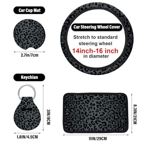 JINGSEN 15 Pieces Leopard Print Printing Car Steering Wheel Cover Center Console Armrest Pad Headrest Seat Belt Cover Handbrake Cover Keychain Coaster Full Set Car SUV （Black Leopard Print） - Image 4
