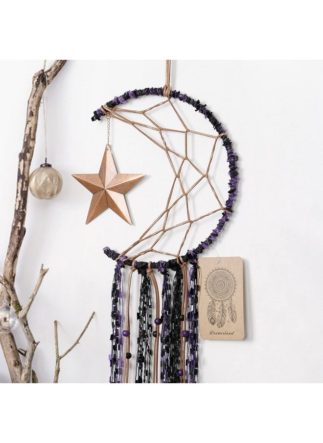 Dremisland Dremisland Moon Dream Catcher Handmade Half Circle Moon Design Dream Catcher Feather Hanging with Star Home Decoration Ornament Festival Gift (Purple)  - Image 2