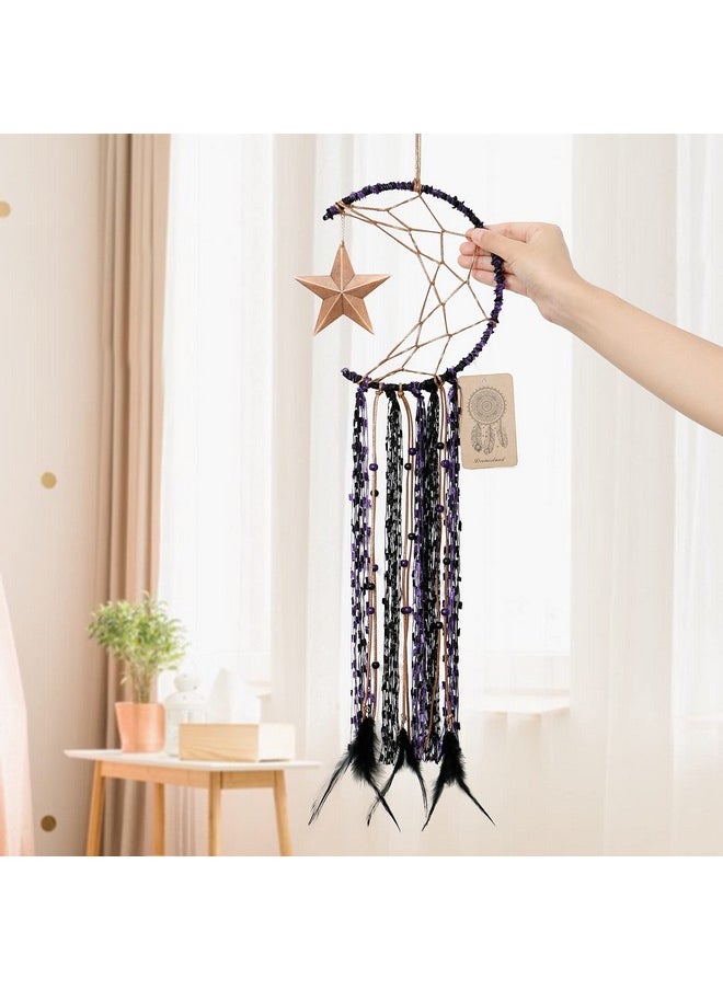 Dremisland Dremisland Moon Dream Catcher Handmade Half Circle Moon Design Dream Catcher Feather Hanging with Star Home Decoration Ornament Festival Gift (Purple)  - Image 4