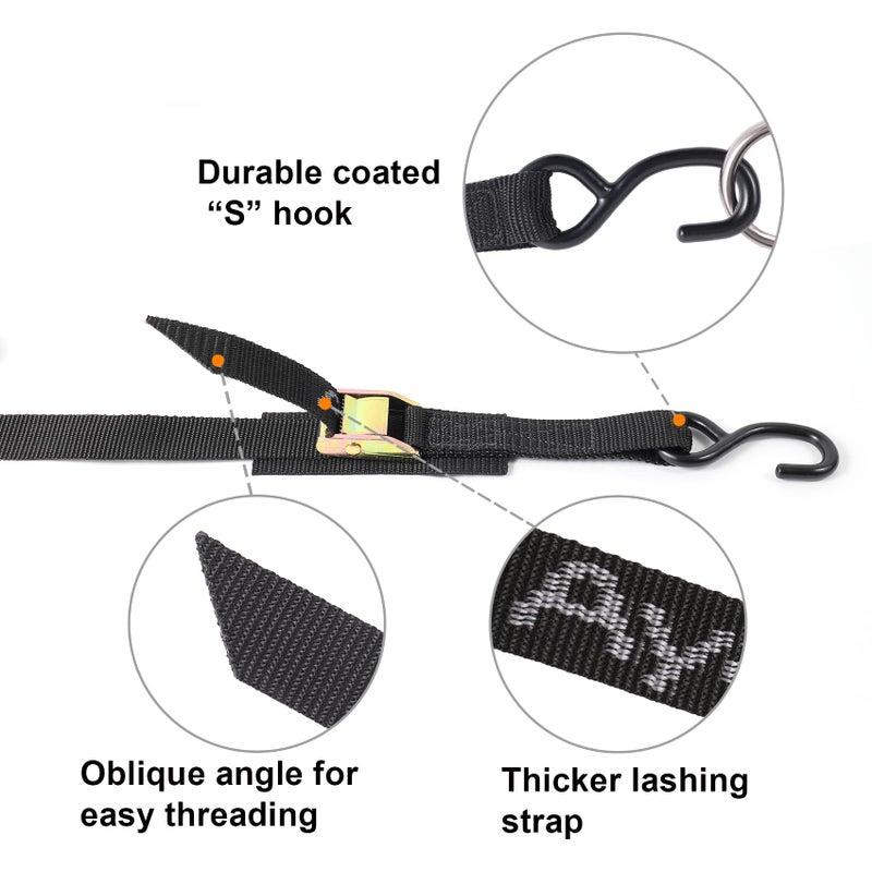 Ayaport Cam Buckle Tie Down Straps 6 feet 2200lbs Break Strength Securing Straps with S Hooks for Motorcycle, Kayak, Car, Truck, Dirt Bike, Pack of 4 - Image 2