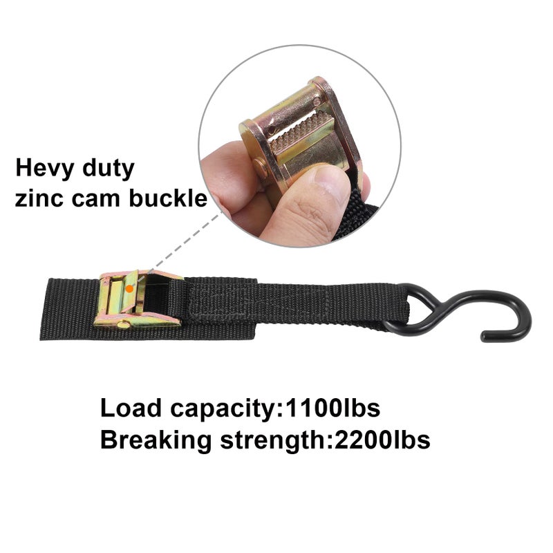 Ayaport Cam Buckle Tie Down Straps 6 feet 2200lbs Break Strength Securing Straps with S Hooks for Motorcycle, Kayak, Car, Truck, Dirt Bike, Pack of 4 - Image 3