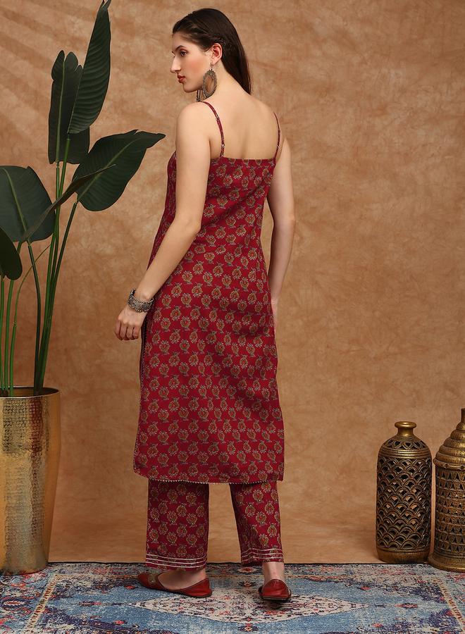 جلو باص مجموعة من كورتا مارون بياقة مربعة ونقشة زهور وبنطال واسع - Image 3