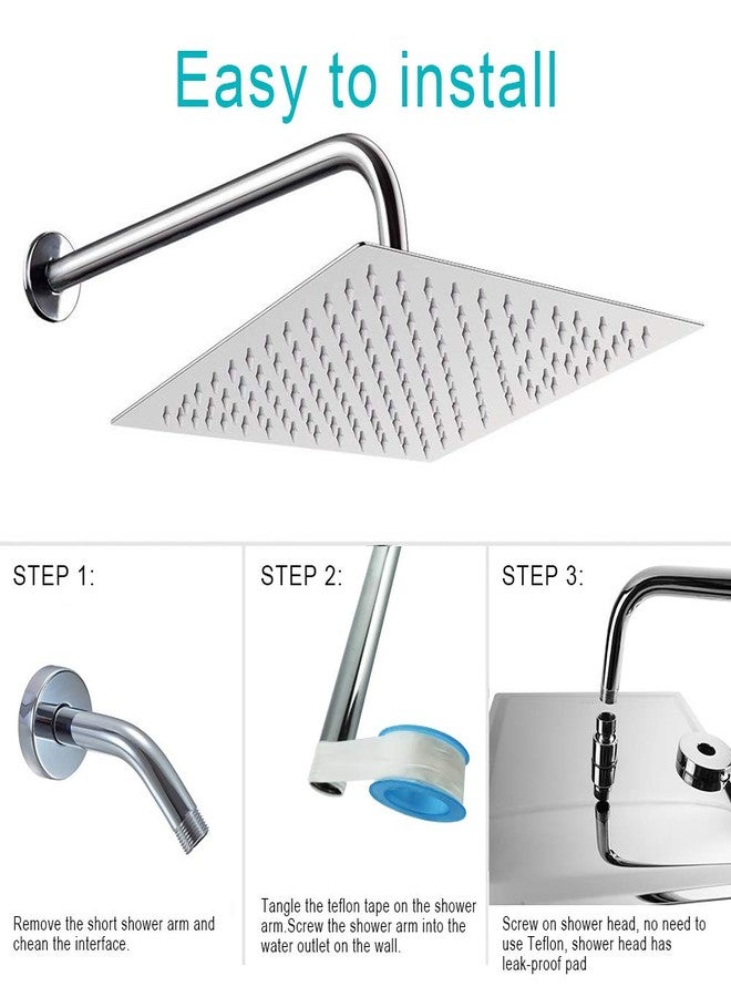 HarJue 12 Inch Rain Shower Head With 15 Inch Extension Arm, Stainless Steel Large Rainfall, Luxury Square-Waterfall Full Body Coverage-Easy to Install (Chrome) - Image 5