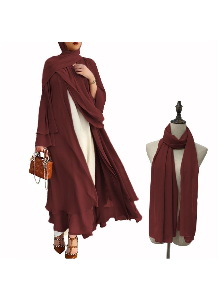 Loquat Traditional Solid Color Long Sleeves Abaya with Hijab Burgundy