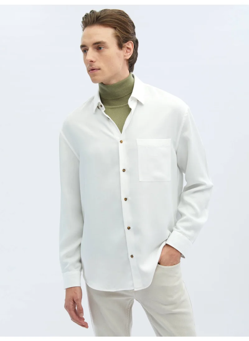 Kip White Ribbed Oversize Fit Woven Casual Shirt