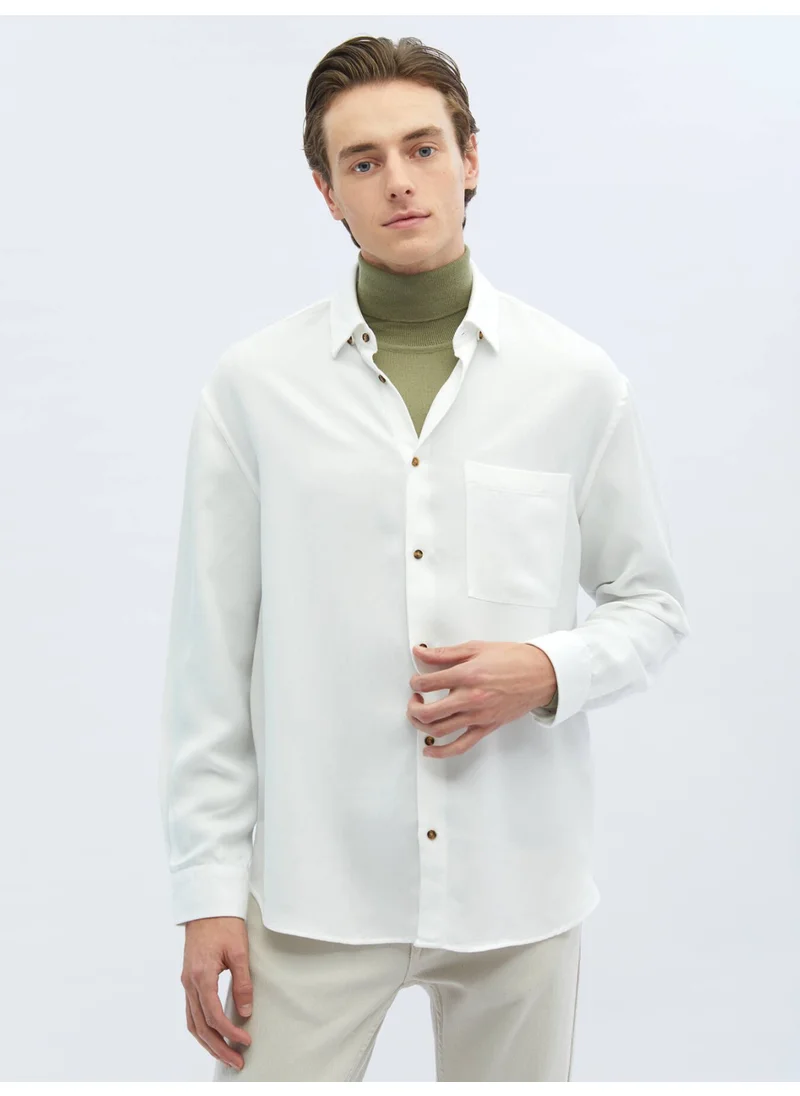 Kip White Ribbed Oversize Fit Woven Casual Shirt