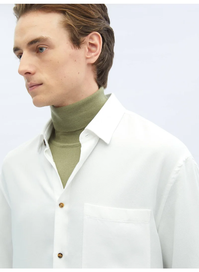 Kip White Ribbed Oversize Fit Woven Casual Shirt