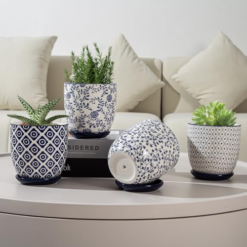 Cerkik Ceramic Succulent Planter Pots - 4.6 Inch Small Flower Pot with Drainage Holes and Saucers for Indoor Plant, Cactus, Herbs, Outdoor Plants, Home Decor, Set of 4, Vintage Blue - Image 5