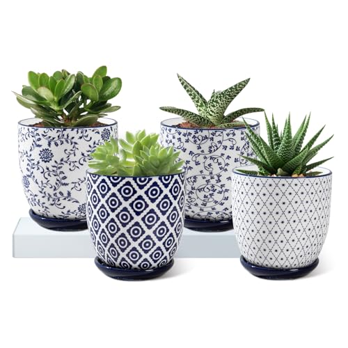 Cerkik Ceramic Succulent Planter Pots - 4.6 Inch Small Flower Pot with Drainage Holes and Saucers for Indoor Plant, Cactus, Herbs, Outdoor Plants, Home Decor, Set of 4, Vintage Blue - Image 1