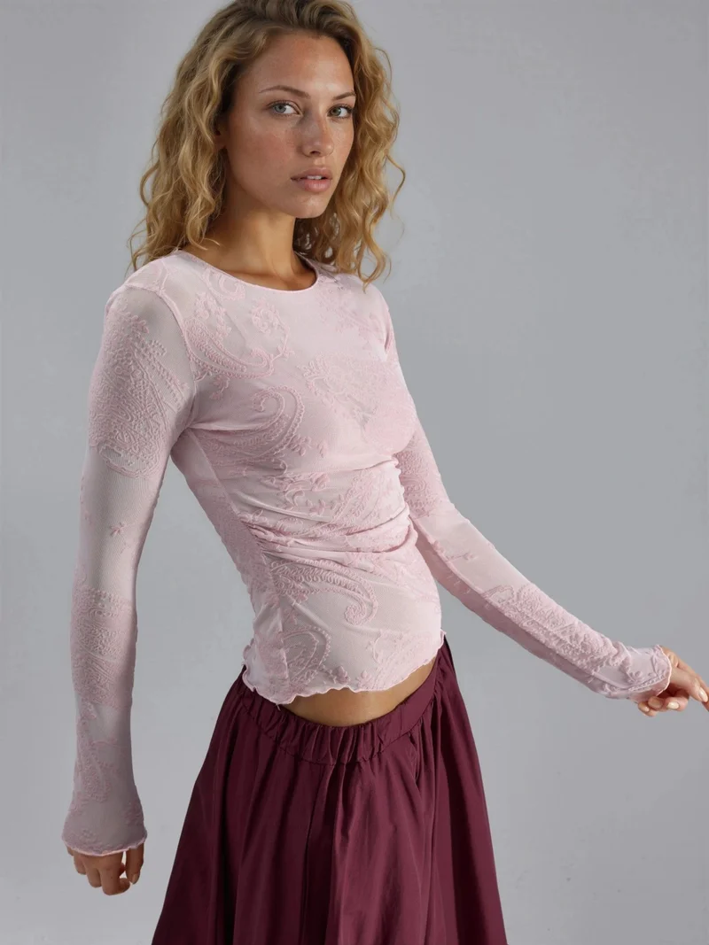 Busem BUSEM Fitted Long Sleeve Flock Print Tulle Blouse