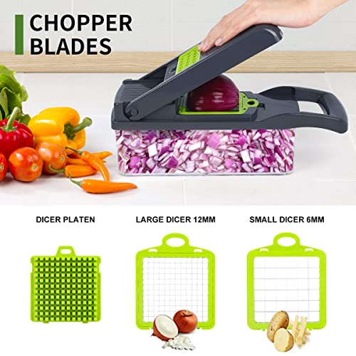 RAIQEE Vegetable Chopper Mandoline Slicer,Veggie Chopper, Multifunctional 10 in 1 Food Choppers, Kitchen Vegetable Slicer Dicer Cutter,Onion Mincer,Cheese,Colander Basket,Kitchen Gadgets (Gray/Green) (Grey) - Image 3