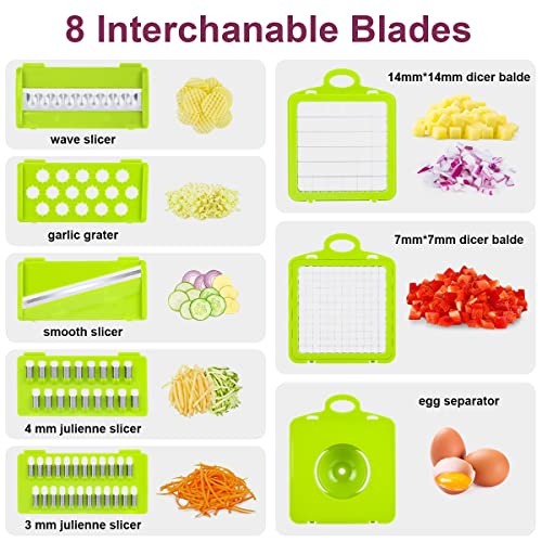 RAIQEE Vegetable Chopper Mandoline Slicer,Veggie Chopper, Multifunctional 10 in 1 Food Choppers, Kitchen Vegetable Slicer Dicer Cutter,Onion Mincer,Cheese,Colander Basket,Kitchen Gadgets (Gray/Green) (Grey) - Image 2