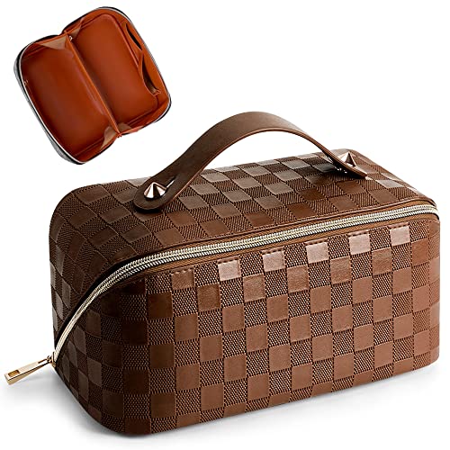 Cessfle Travel Makeup Bag, Checkered Makeup Bag Large Capacity Cosmetic Bag, Parallel Makeup Bag Large Makeup Bags for Women with Handle and Divider - Image 1