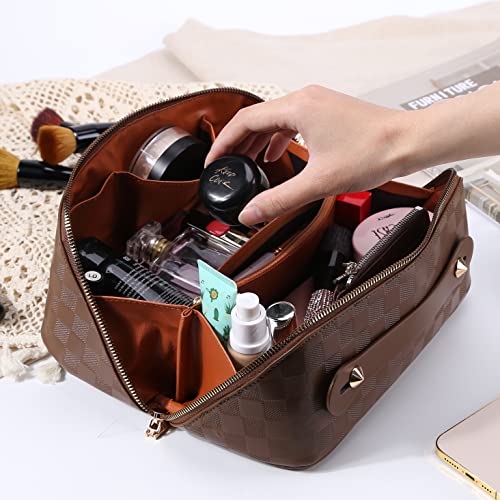Cessfle Travel Makeup Bag, Checkered Makeup Bag Large Capacity Cosmetic Bag, Parallel Makeup Bag Large Makeup Bags for Women with Handle and Divider - Image 2